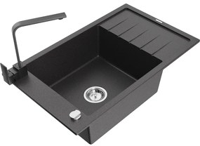 Mexen Elias, granitový drez granitový 795x480x200 mm, 1-komorový, čierna škvrnitá s chrómovým sifónom a čierna drezová batéria Rita, 6511-76-670300-70