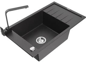 Mexen Elias, granitový drez granitový 795x480x200 mm, 1-komorový, čierna škvrnitá s chrómovým sifónom a čierna drezová batéria Rita, 6511-76-670300-70