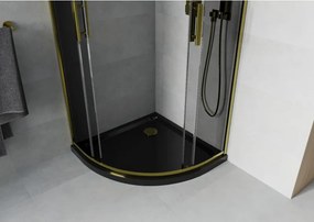 Mexen Rio, štvrťkruhový sprchovací kút s posuvnými dverami 80(dvere) x 80(dvere) x 190 cm, 6mm šedé sklo, zlatý profil + čierna sprchová vanička SLIM, 863-080-080-50-40-4170G