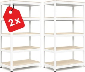 Regál 183x90x40 cm lakovaný 5-policový, nosnosť 1000 kg, RIVET - biely - 2ks