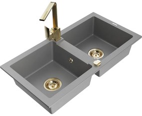 Mexen Mario, granitový drez 820x436x161 mm, 2-komorový, šedá so zlatým sifónom a zlatá drezová batéria Rita, 6504-71-670300-50