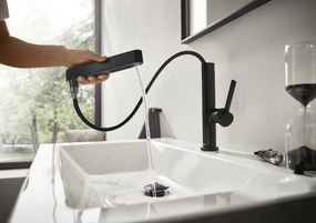 Hansgrohe Finoris, umývadlová batéria 230, s výpustom Push-Open a výsuvnou spŕškou, EcoSmart, čierna matná, HAN-76063670