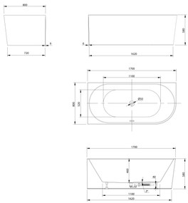 Aqualine Aqualine, TIBERA L rohová stojaca vaňa 170x80cm, biela, E1026