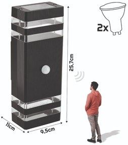 BERGE LED fasádne svietidlo 2xGU10 IP44 čierne so čidlom