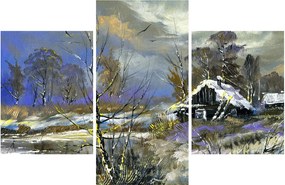 Obraz chalúpky v zimnej krajine, olejomaľba (90x60 cm)