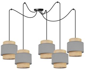 Závesné svietidlo Boho Spider, 5x jutové/sivé textilné tienidlo