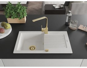Mexen Pablo, granitový drez 752x436x161 mm, 1-komorový a zlatá batéria Rita, biela, 6510-20-670300-50