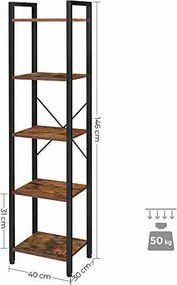 Regál na knihy, 5-úrovňový úložný regál s oceľovým rámom, rustikálny hnedý a čierny