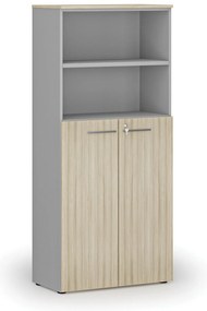 Kombinovaná kancelárska skriňa PRIMO GRAY, dvere na 3 poschodia, 800 x 420 x 1781 mm, sivá/dub prírodný