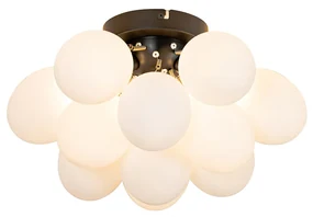 Stropné svietidlo v štýle Art Deco čierne s opálovým sklom 3-svetlo - Uvas