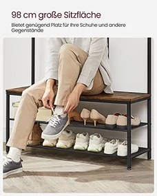 Vešiak na kabáty so zrkadlom a lavicou, industriálny, 180x98x35cm