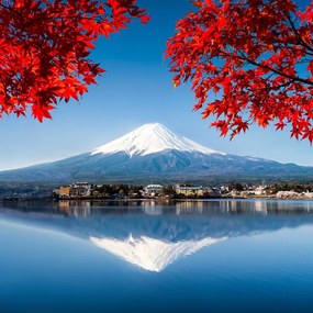 Ozdobný paraván Japonská sopka hora Fudži červená - 145x170 cm, štvordielny, klasický paraván