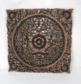 Dekorácia na stenu Mandala, teakové drevo, 60 cm, hranatá, čierna patina, ručná práca