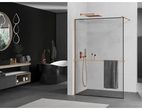 Mexen Kioto+, sprchová zástena Walk-In s poličkou a vešiakom 80 x 200 cm, 8mm číre sklo čierny vzor, medený matný profil, 800-080-121-65-70