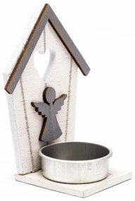 DECOLED Drevený svietnik, domček s anjelom, 10,5x5 cm