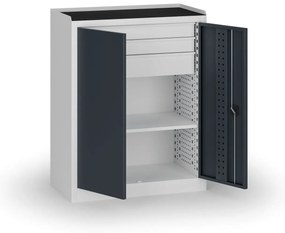 Policová dielenská skriňa 2-dverová, 1 police + 3 zásuvky, 1180 × 950 × 500 mm, grafitové dvere