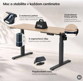 Elektrický stôl s reguláciou výšky ergonomický antracitový/dub sonoma,1400x700 mm: ARIA