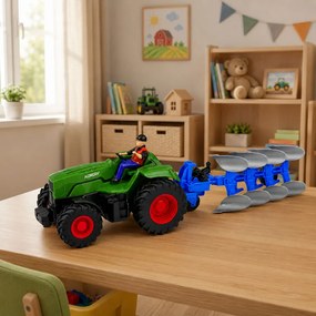 LEAN Toys Traktor s pluhom a poľnohospodárom, diaľkovo ovládaný RC, so svetlami, zelený, mierka 1:24