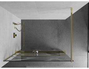 Mexen Kioto+, sprchová zástena s poličkou a držiakom na uteráky 110 x 200 cm, 8mm číre sklo vzor biely, zlatý profil 800-110-121-50-97
