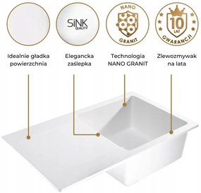 Sink Quality Ferrum, kuchynský granitový drez 770x450x190 mm + zlatý sifón, biela, SKQ-FER.W.1KDO.XG