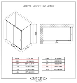 Cerano Lantono, sprchovací kút s posuvnými dverami 100(dvere) x 90(stena) x 195 cm, 8mm číre sklo, čierny profil, CER-CER-431476