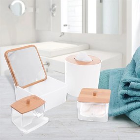 Kozmetický úložný box, biely s bambusovým vekom, so zrkadlom, šperkovnica WHITNEY