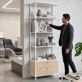 Regál so zásuvkami do kancelárie, na šanóny a dokumenty, otvorené police, kovový, biely/dub sonoma, 800x2200x400 mm: ARIEL Eco Design