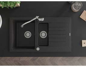 Mexen Matias, granitový drez 900x505x200 mm, 1,5-komorový a drezová batéria Carla, čierna-strieborná metalíza, 6502-73-670700-00