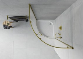Mexen Rio, štvrťkruhový sprchovací kút s posuvnými dverami 80(dvere) x 80(dvere) x 190 cm, 6mm sklo námraza, zlatý profil + biela sprchová vanička RIO, 863-080-080-50-30-4710