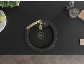 Mexen Diego, 1-komorový granitový drez 488x488x167 mm a drezová batéria Savita, čierna-zlatá metalíza, 6512-75-672601-50-B