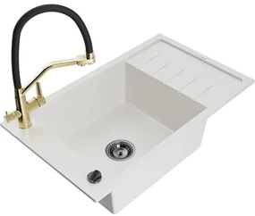 Mexen Elias, 1-komorový granitový drez 795x480x200 mm a drezová batéria Duo, biela, 6511-20-671701-57-B