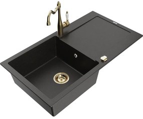 Mexen Leo, granitový drez 900x500x190 mm, 1-komorový a drezová batéria Carla, čierna-zlatá metalíza, 6501-75-670700-50