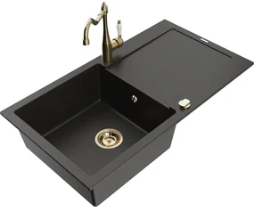 Mexen Leo, granitový drez 900x500x190 mm, 1-komorový a drezová batéria Carla, čierna-zlatá metalíza, 6501-75-670700-50