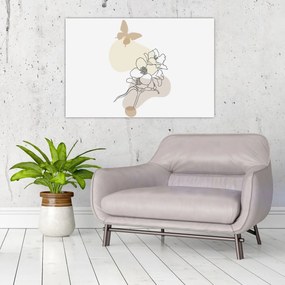 Obraz - Béžové kvety s motýľom N⁰3 (90x60 cm)