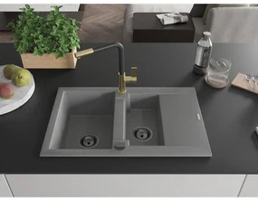 Mexen Gaspar, 1,5-komorový granitový drez 737x475x177 mm a drezová batéria Flora, šedá, 6507-71-670401-57-B