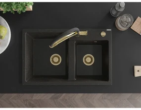 Mexen Tomas, 2-komorový granitový drez 800x500x190 mm  a kuchynská batéria Duo, čierna-zlatá metalíza, 6516-75-671701-57-G