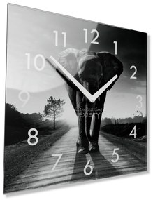 Dekoračné čierno biele sklenené hodiny 30 cm s motívom slona