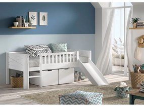 Biela vyvýšená detská posteľ z borovicového dreva s úložným priestorom s roštom 90x200 cm Scott – Vipack