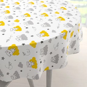 Biante Detský bavlnený okrúhly obrus Sandra SA-725 Medvedíky na žlto-sivých obláčikoch na bielom Ø 120 cm
