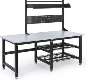 Výškovo nastaviteľný baliaci stôl PROFI, 1800 × 900 × 790–940 mm s nadstavbou a policami