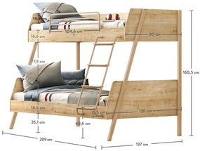 Poschodová posteľ s rozšíreným spodným lôžkom Cody - dub svetlý/béžová