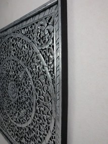 Dekorácia na stenu MANDALA strieborná čierna, drevo, ručná práca, 100x100 cm
