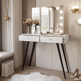 Toaletný stolík JOANNA so zrkadlom + led osvetlenie, biely lesk + čierna