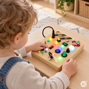 Drevená interaktívna manipulačná tabuľa ECOTOYS s LED svetlami od 3 rokov