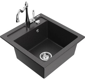 Mexen Vito, granitový drez 490x520x210 mm, 1-komorový a drezová batéria Carla, čierna škvrnitá, 6503-76-670700-00