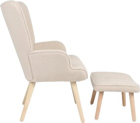 Relaxačné kreslo ušiak ROMEO II + taburet — masívne drevo, látka bouclé, prírodná / krémová