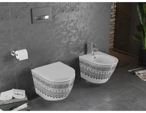Mexen Lena, závesná WC misa Rimless s duroplastovým sedátkom s pomalým zatváraním, biela-čierny vzor, 30224095