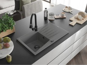 Mexen Cesar, 1-komorový granitový drez 775x470x190 mm a drezová batéria Elia, šedá, 6514-71-670101-70-B