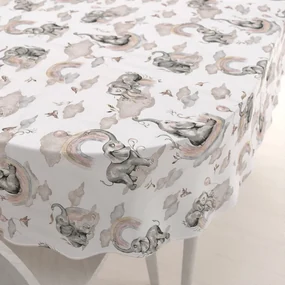 Biante Detský bavlnený oválny obrus Sandra SA-462 Slony so sivohnedou dúhou na bielom 50x100 cm