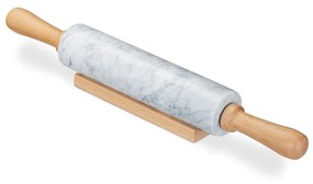 Masívny mramorový valček na cesto RelaxDays RD28837 – biely, bukové rúčky a stojan, 48 cm